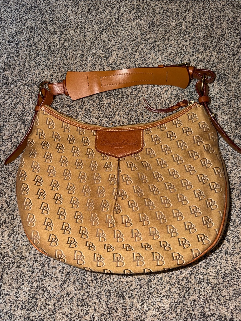 Vintage Dooney & Bourke Signature Monogram Hobo Shoulder Bag in Tan